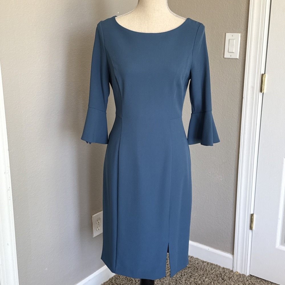 WHBM White House Black Market Teal Blue 3/4 Bell Sleeve Sheath Dress Size 6